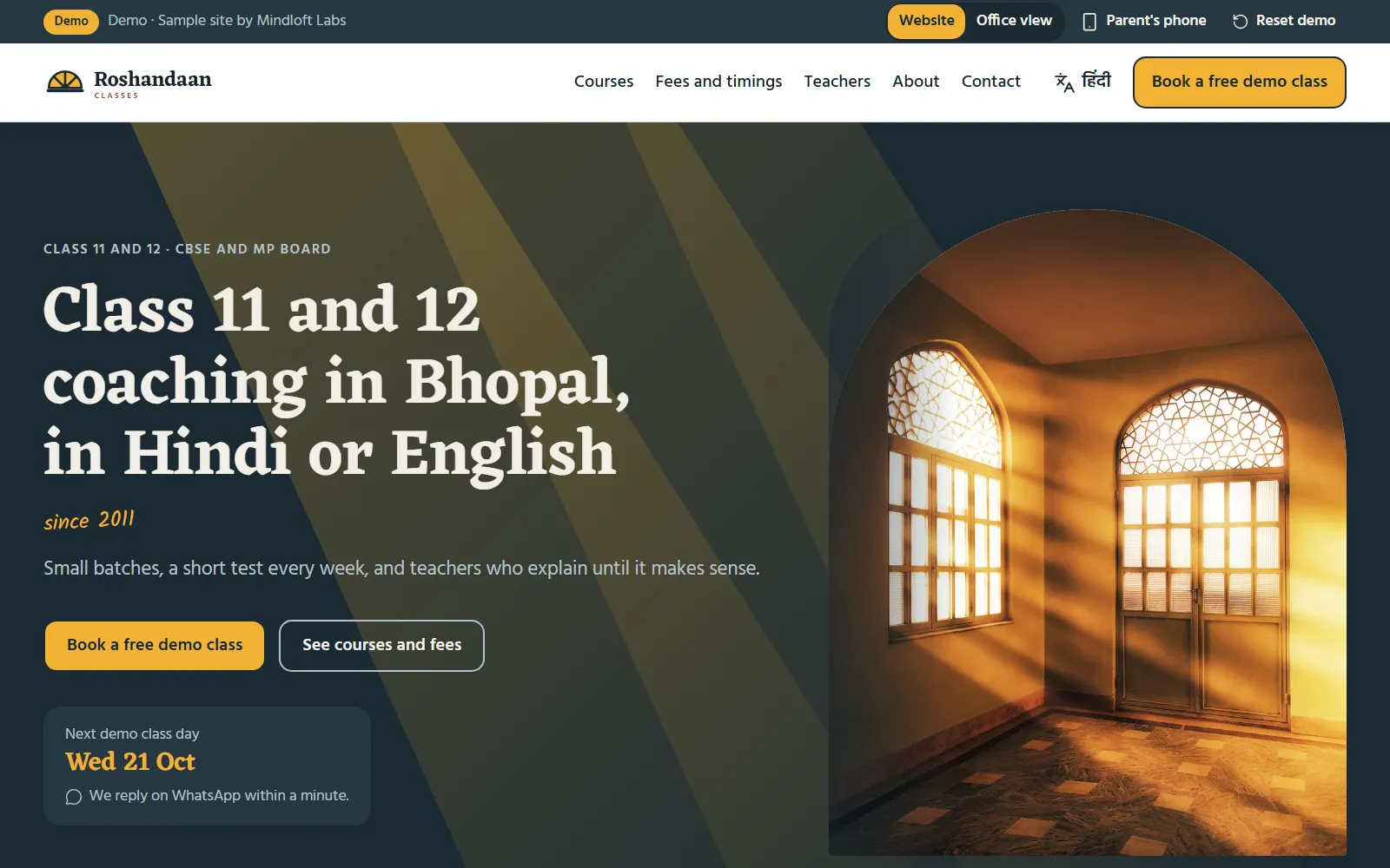 The home page of the Roshandaan Classes demo site, with the heading "Class 11 and 12 coaching in Bhopal, in Hindi or English", a sunlit arched room and a button to book a free demo class.
