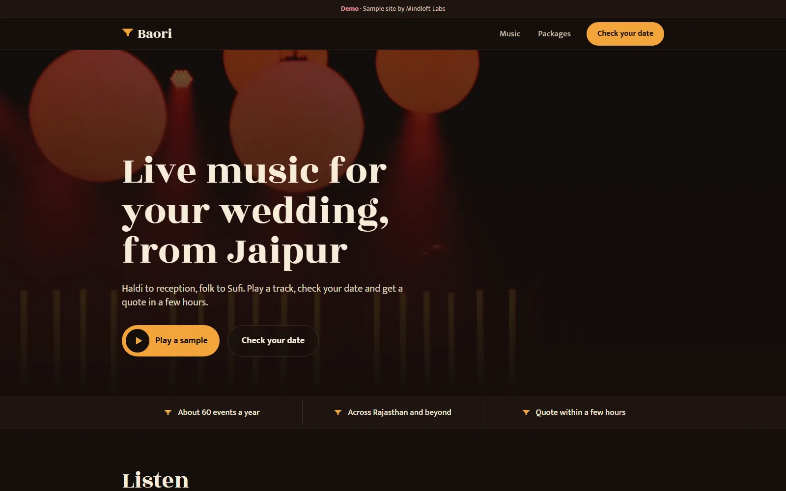 The home page of the Baori demo site, with the heading "Live music for your wedding, from Jaipur", glowing stage lights and buttons to play a sample and check your date.