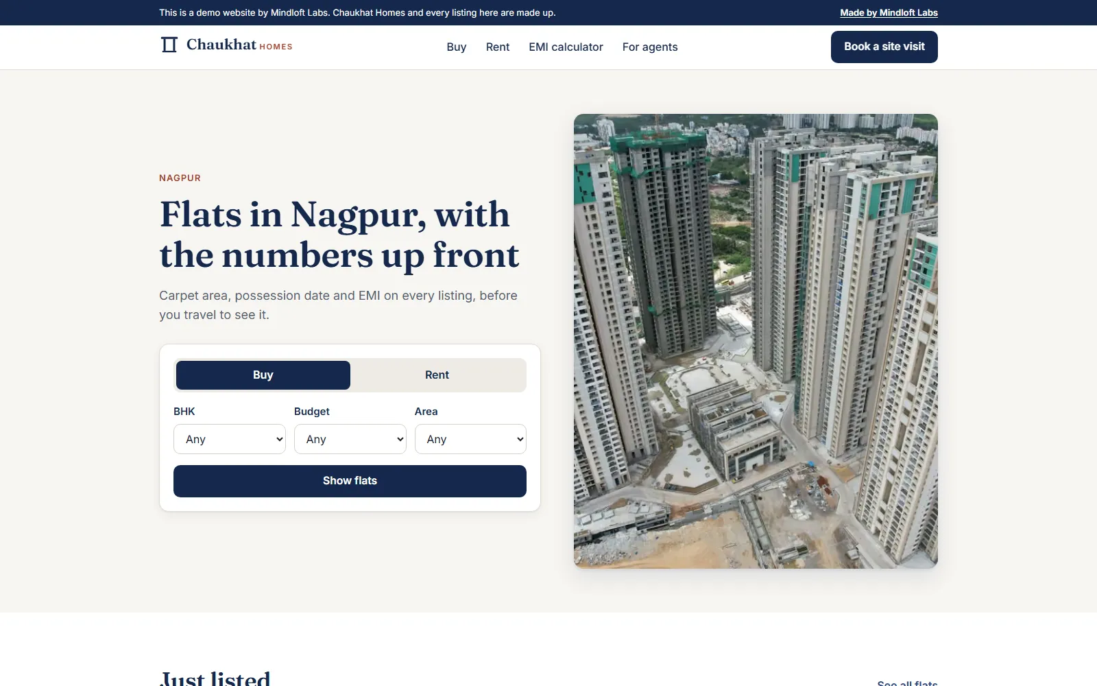 The home page of the Chaukhat Homes demo site, with the heading "Flats in Nagpur, with the numbers up front", a search box for BHK, budget and area, and a photo of apartment towers.