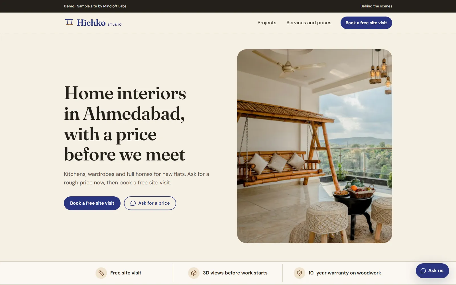 The home page of the Hichko Studio demo site, with the heading "Home interiors in Ahmedabad, with a price before we meet", a living room with a wooden swing and an "Ask us" chat button.