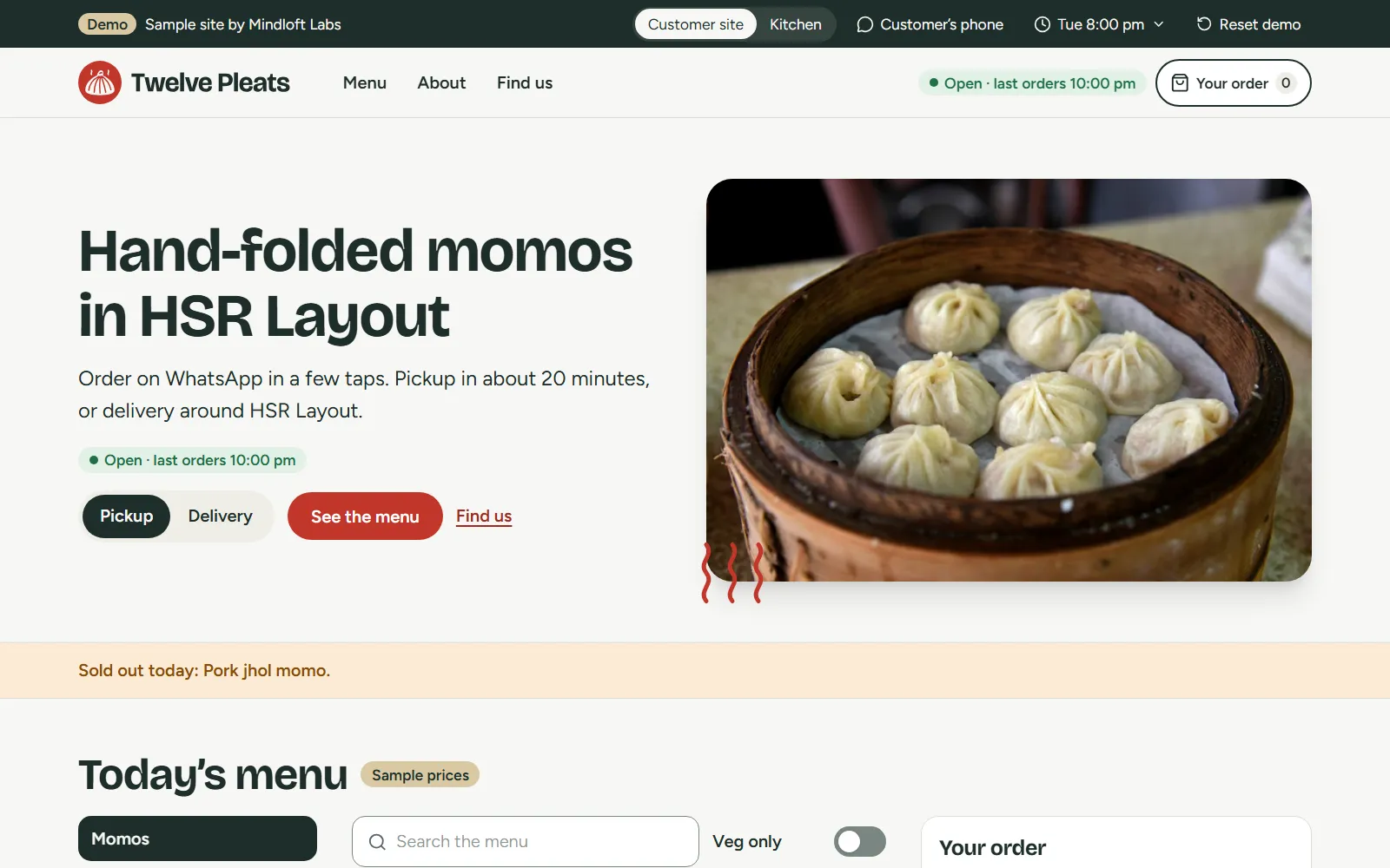 The home page of the Twelve Pleats demo site, with the heading "Hand-folded momos in HSR Layout", a basket of steamed momos and buttons to choose pickup or delivery.