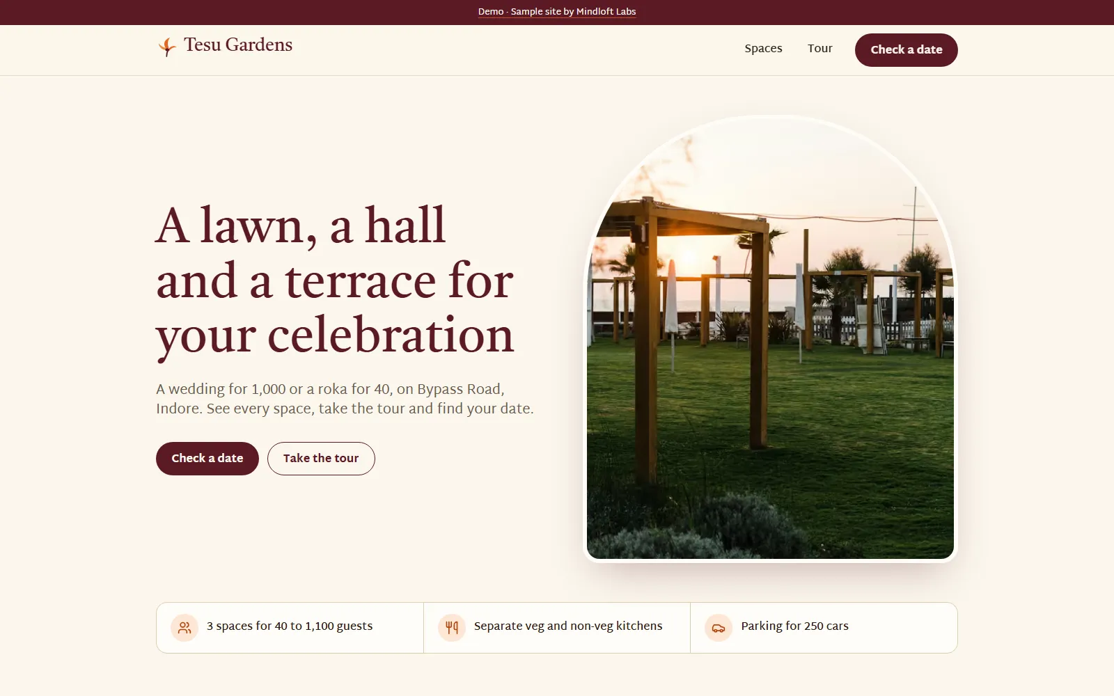 The home page of the Tesu Gardens demo site, with the heading "A lawn, a hall and a terrace for your celebration", a garden lawn with wooden pergolas at sunset and a "Check a date" button.