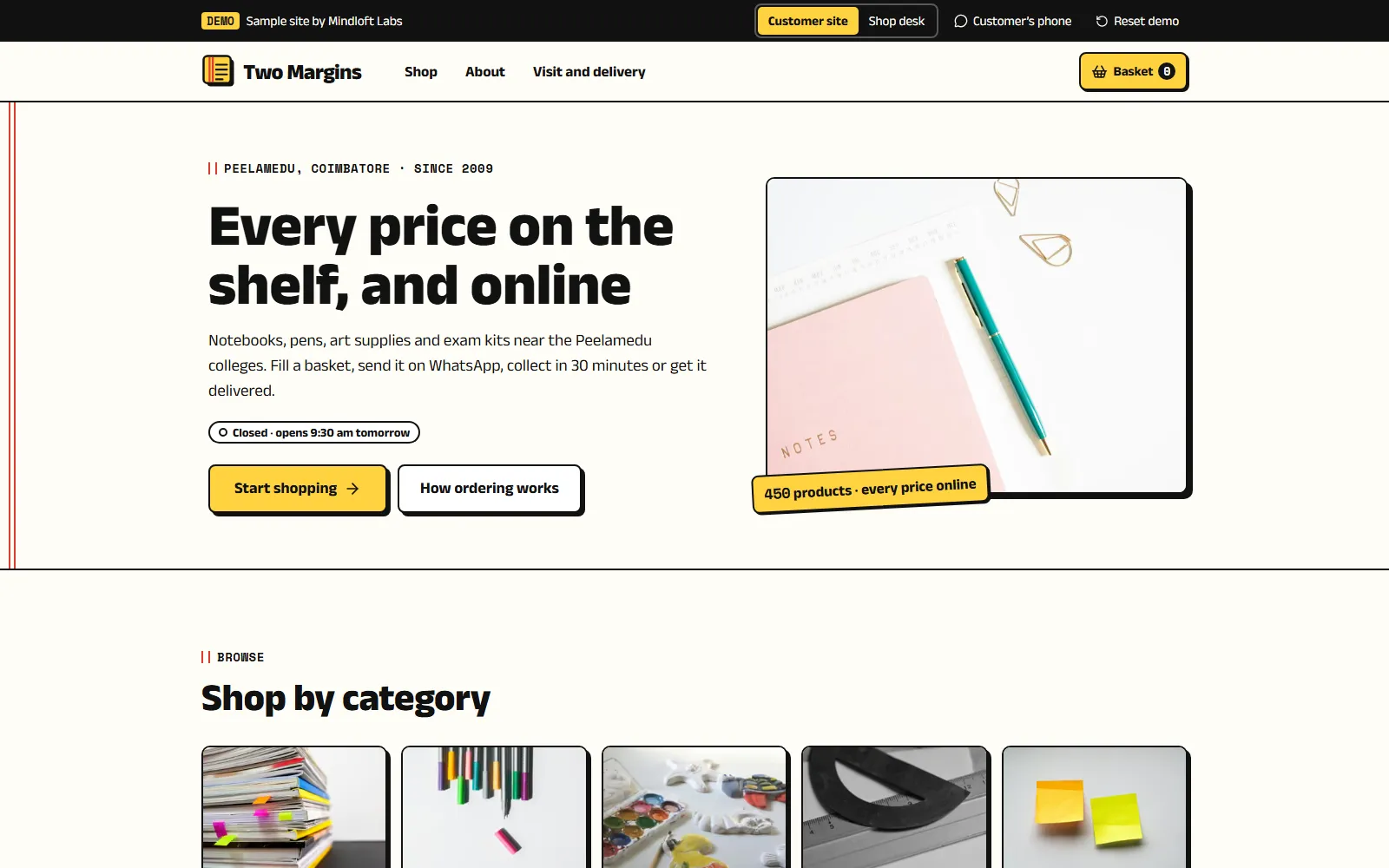The home page of the Two Margins demo site, with the heading "Every price on the shelf, and online", a pink notebook and pen, and a "Start shopping" button.