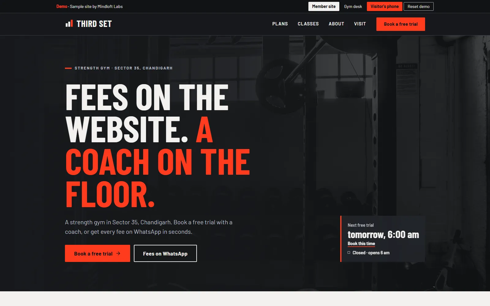 The home page of the Third Set demo site, with the heading "Fees on the website. A coach on the floor.", a dark gym with a squat rack and a card showing the next free trial.
