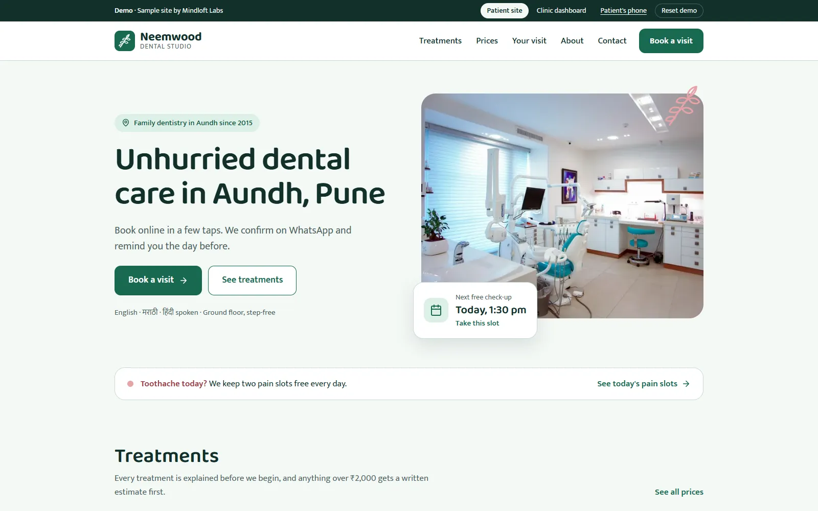 The home page of the Neemwood Dental Studio demo site, with the heading "Unhurried dental care in Aundh, Pune", a bright treatment room and a card showing the next free check-up.