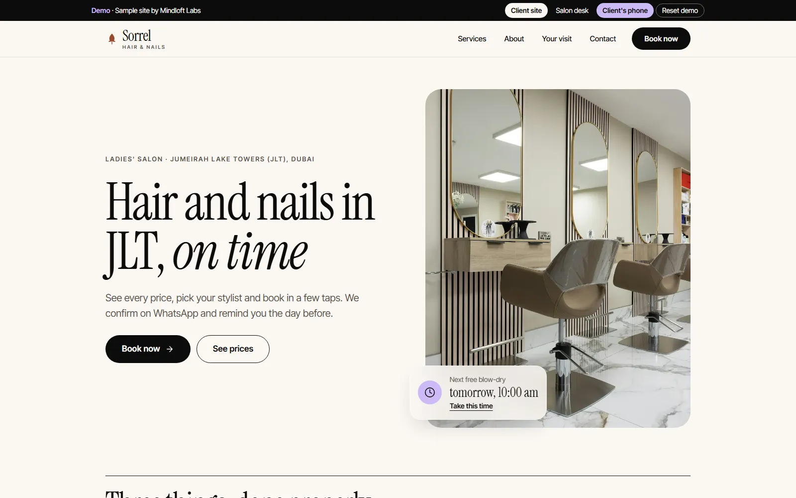 The home page of the Sorrel Hair & Nails demo site, with the heading "Hair and nails in JLT, on time", salon chairs facing arched mirrors and a card showing the next free blow-dry.
